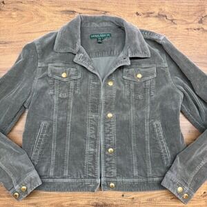 Lauren Jeans Co Ralph Lauren Womens XL Grey Corduroy Trucker Jacket Gold Button